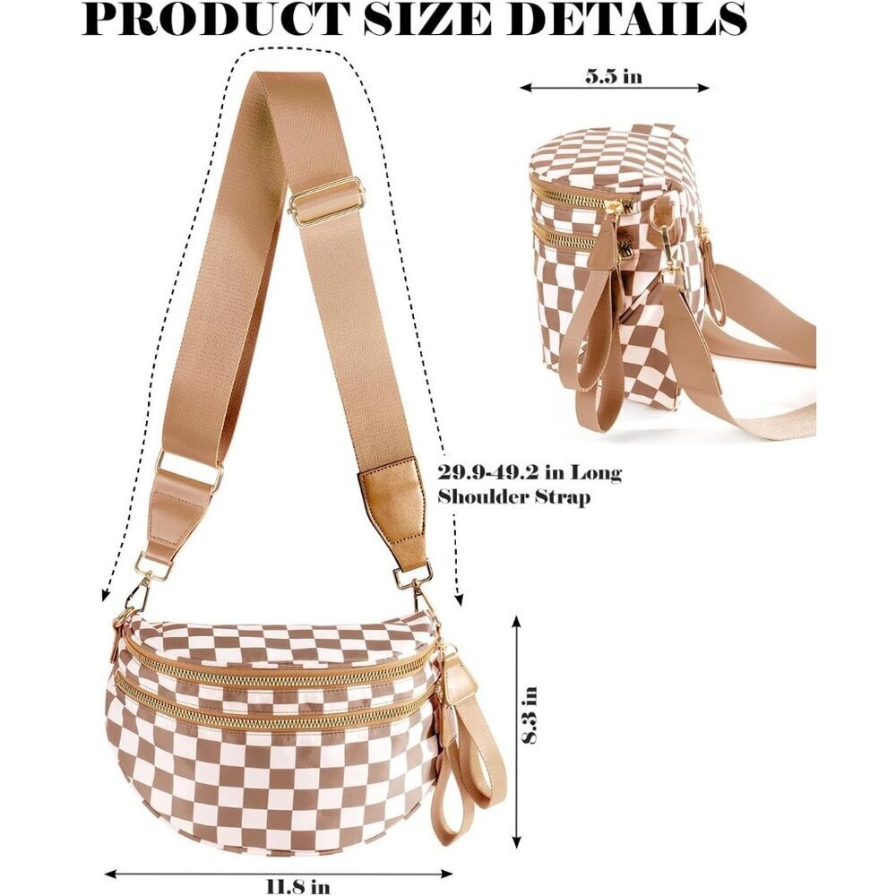 Women Light Brown Imported Polyester Checkered Crossbody Fanny Belt Bum Bag - Picture 2 of 5